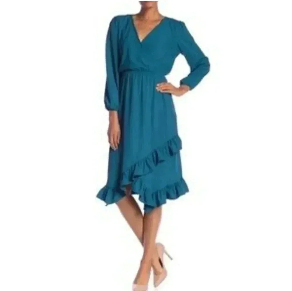 Laundry by Shelli Segal Faux Wrap Ruffled Hem Midi Dress 6